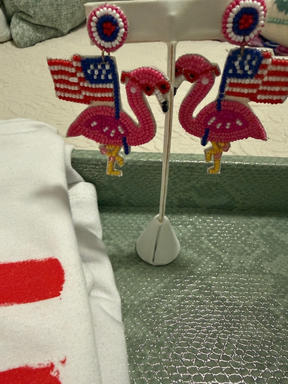 crown & ivy White Short Sleeve Tee w/Pink Flamingo & Flag & matching earrings - Picture 3 of 8
